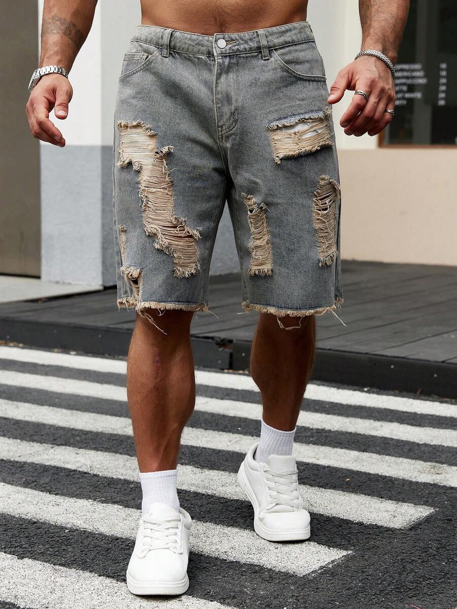 STEELVANCE Shorts vaqueros desgastados para hombre, estilo holgado, para salir, pasar el rato, ir al trabajo o de vacaciones, estilo emo - Lavado ligero - Ver 1