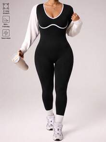 SHEIN Velisys Women's Colorblock Casual Daily Travel Sports Jumpsuit Fall - Black - View 4