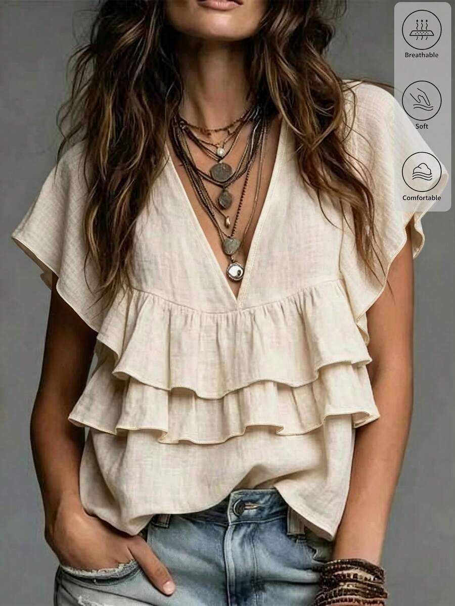 Glimmora Vacation Bohemian Style Double Layer Ruffle Hem Textured V-Neck Flutter Sleeve Blouse - Khaki - View 1