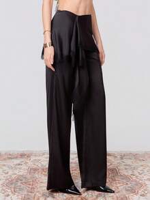 SHEIN x Luisa Sonza PRISCILA ESCOTO PRISCILA ESCOTO 2026 New Arrive Minimalism Spring/Summer Women's Lace Patchwork Ruffle Hem Casual Versatile Commuting Wide Leg Wide Leg Pants Lace Trim Pants Black - Black - View 6
