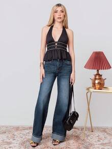 PRISCILA ESCOTO PRISCILA ESCOTO Nuevo top halter de verano con diseño de cintura con remaches para mujeres - Negro - Ver 1