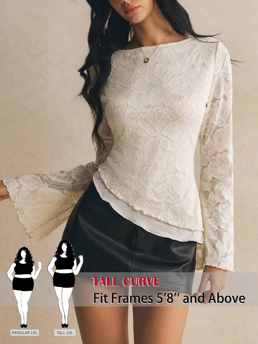 SHEIN Tall CURVE Kaos Asimetris Berbahan Jacquard Prancis Ukuran Besar dengan Hiasan Rumbai untuk Musim Gugur - Aprikot - View 1
