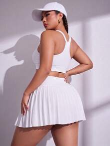 SHEIN Unity 2PCS Women's Sports Set White Tight Bra Wide Adjustable Straps Cross Back Removable Pads High Waist Pleated Skirt Lining Gym Tennis Summer - White - View 2
