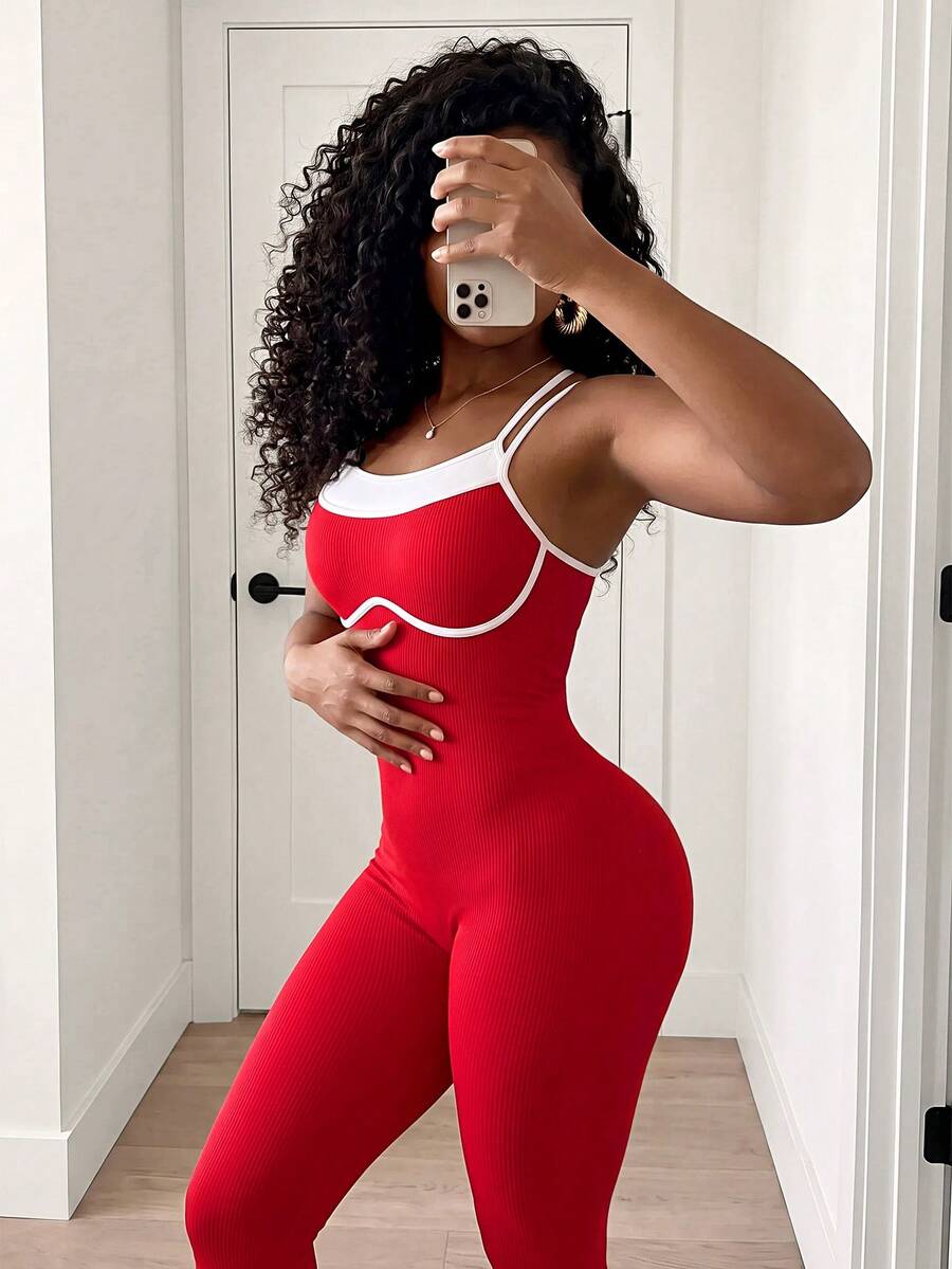 SHEIN Core Rhythm Women's Seamless Ribbed Spaghetti Strap Camisole Jumpsuit, Tight Fit, Butt-Lifting Yoga Fitness Running One-Piece - Red - View 1
