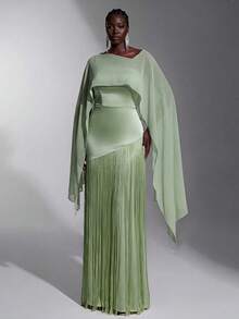 Elitara Plus Size Elegant Romantic Asymmetric Elastic Knit Fabric Patchwork Tassel Formal Evening Gown For Wedding Party Celebration Formal Events (Heavy Work Design) - Green - View 6