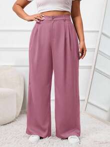 SHEIN PETITE CURVE Pantalones de traje casual simple con botones delanteros de unicolor talla grande, graduación, regreso a la escuela, - Rojo violeta - Ver 3