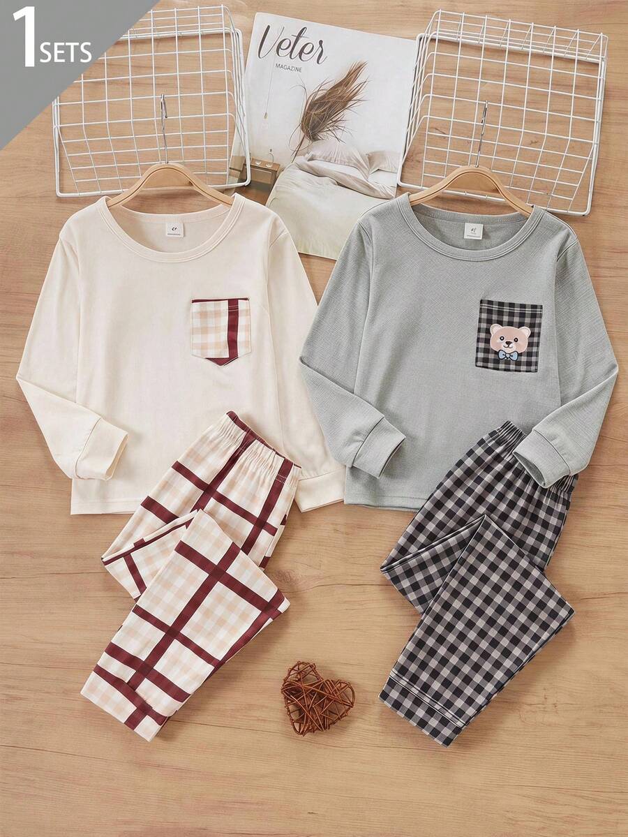 SHEIN Vintaside Kids 2件組 男童卡其駱駝色格紋長袖上衣與休閒寬鬆格紋長褲套裝,秋季 - 杏色 - 查看 1