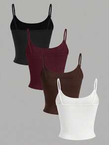SHEIN PETITE 女款素色修身百搭日常穿著細肩帶背心 4 件組 - 彩色 - 查看 2