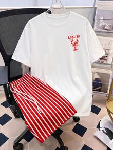 Manfinity Joysei Men's Letter & Lobster Print Short Sleeve T-Shirt And Striped Drawstring Waist Shorts Set - Red - View 7