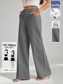 SHEIN Tall 100%水洗棉低腰直筒長褲，適合高個女性 - 灰色 - 查看 7