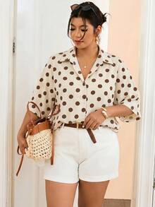 SHEIN Frenchy Vintage Polka Dot Plus Size Women's Short Sleeve Single Breasted Shirt Fall - Multicolor - View 5