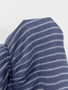 SHEIN Frenchy 大尺碼女款條紋鈕扣設計腰部綁帶連身褲 - 藍色 - 查看 9