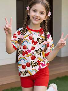 SHEIN Elladie kids (1套) 返校季女童幼兒豹紋愛心鉛筆蘋果蝴蝶結彩虹紅白拼色基礎短袖T恤與單車褲節慶套裝 - 彩色 - 查看 3