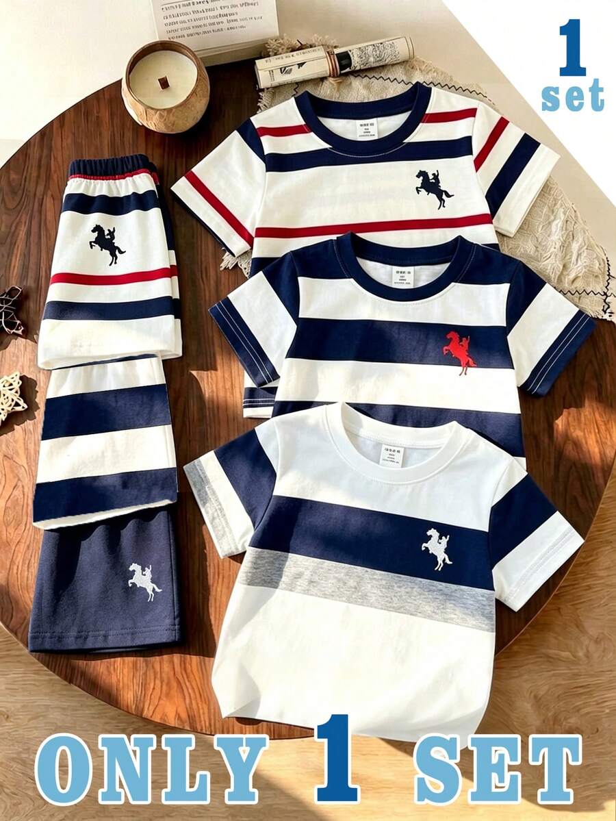 SHEIN Vintaside Kids 3套組,隨機附贈1套,皇家藍與紅色對比皇家藍休閒時尚經典騎士印花圓領短袖T恤與短褲套裝 - 彩色 - 查看 1