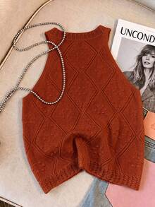 Resyla Women's Solid Color Hollow Design Halter Knit Top - Brown - View 2