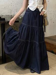 DAZY Women's Long Vacation Style Washed Denim Skirt Cute Tops - Dark Wash - View 3