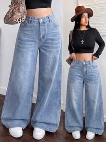 Dripcurv Plus Size Casual Loose Fit Washed Wide Leg Denim Jeans Formal Vacation Light Blue Summer - Light Wash - View 2