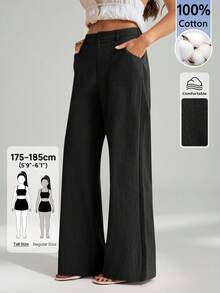SHEIN Tall 100%水洗棉低腰直筒長褲，適合高個女性 - 黑色 - 查看 8