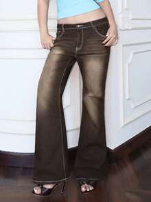 Grunge Punk ROMWE X Isabelle Nguyen Women's Leopard Embroidered Pocket Flare Leg Skinny Jeans - Brown - View 5