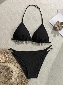 Kids Teen Girls Black Spaghetti Strap Textured Shell Decor Bikini Set,Summer Beach Holiday Backless Triangle Swimwear,Boho - Black - View 3