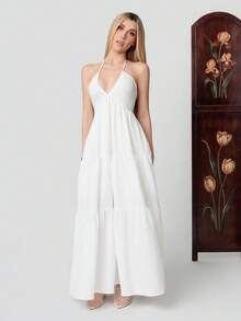 PRISCILA ESCOTO PRISCILA ESCOTO Women's Romantic Floral Printed Beach Vacation Halter V-Neck Pleated Backless A-Line Dress For Summer Hawaii,White Graduation Dress Elegant Party - White - View 2