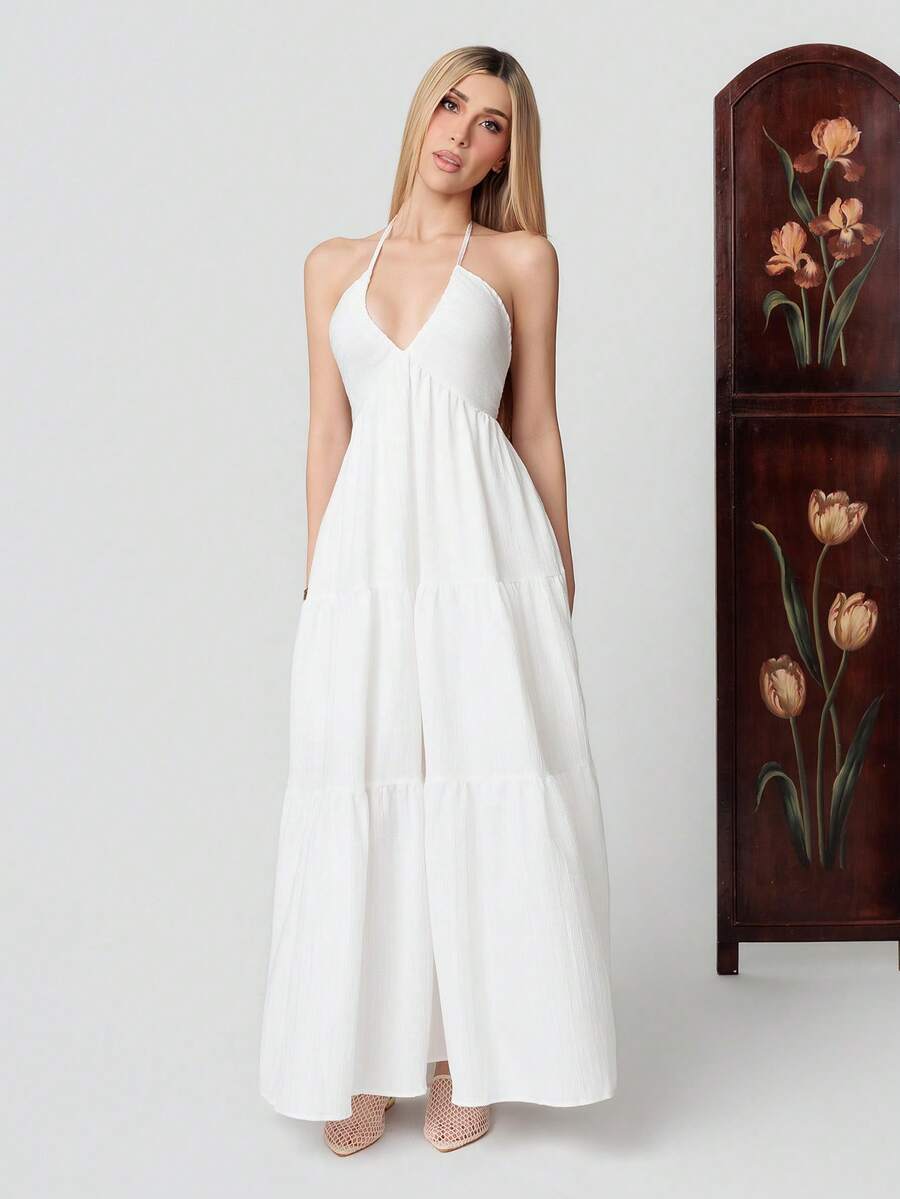 PRISCILA ESCOTO PRISCILA ESCOTO Women's Romantic Floral Printed Beach Vacation Halter V-Neck Pleated Backless A-Line Dress For Summer Hawaii,White Graduation Dress Elegant Party