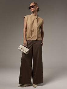 COSMINA Women's Elegant Modest Minimalist Street Style Double Pocket Button-Up Vest Jacket Camel Zipper Front Design Summer Office - Khaki - View 3