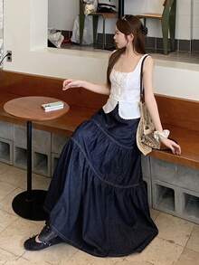 DAZY Women's Long Vacation Style Washed Denim Skirt Cute Tops - Dark Wash - View 6