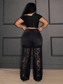 Slaydiva Plus Size Fashion Street Sequin Lace Patchwork Button Denim Jeans,Black Rhinestone Lace Panel Flare Jeans,Y2K ,Halloween,Christmas,Elegant,New Year - Black - View 2