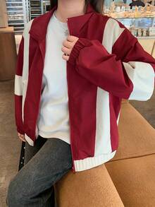Dazy Plus Colorblock Patchwork Loose Street Casual Letter Print Red Jacket Spring Autumn - Red - View 6