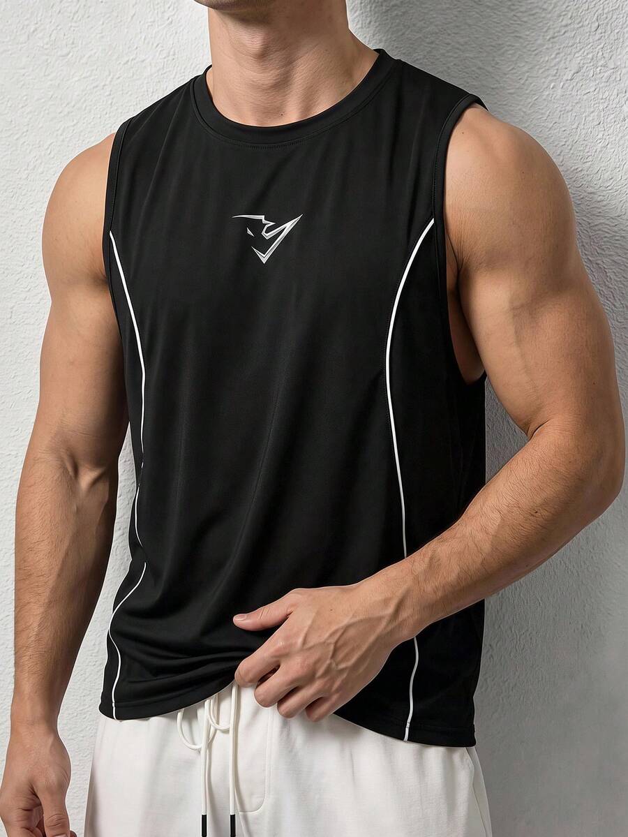 Sport MetroGents 男士拼色黑色無袖運動背心,極簡運動休閒印花健身跑步籃球訓練背心 T-shirt 夏季 - 黑色 - 查看 1
