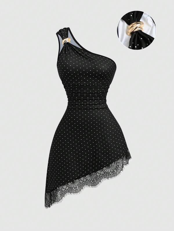 Sweetra Vintage Romantic Young Lady Sexy Mature Women's One Shoulder Asymmetrical Neckline Waist-Cinching Bodycon Dress With Single Metal Buckle, Waist Pleats, Slimming Fit, Asymmetrical Hemline, Eyelash Lace, Black And White Polka Dot, Spring Summer Autumn