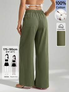 SHEIN Tall 100%水洗棉低腰直筒褲，適合高個女性 - 軍綠色 - 查看 2