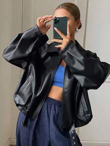 DAZY 女款秋季黑色PU皮革飛行夾克，長袖，翻領，大口袋，腰帶下擺，寬鬆休閒街頭風Y2K夜店穿搭 - 黑色 - 查看 2