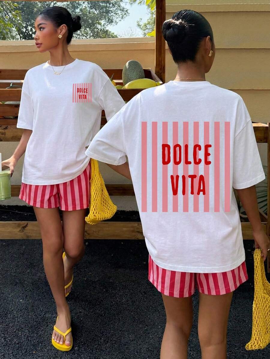 Muchica 女款夏季字母與檸檬印花圓領短袖T恤搭配條紋短褲休閒兩件套 - 彩色 - 查看 1