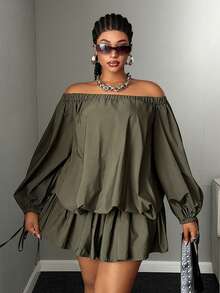Maweii Plus Size Women Solid Color Off-Shoulder Ruched Casual Daily Summer Dress - Army Green - View 2