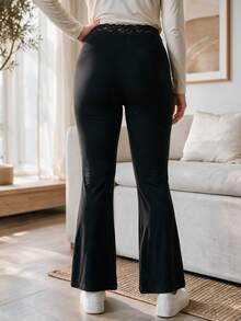 EMERY ROSE Women's Plus Size Lace Patchwork Waistband Leggings Black Fall Birthday Home High-Elastic Flared Trousers Formal Vacation Cargo Elegant - Black - View 3