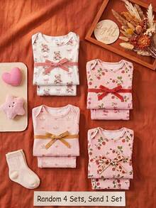 Conjunto de ropa de estar en casa de manga larga con estampado de dibujos animados y flores para bebé recién nacida - Multicolor - Ver 1