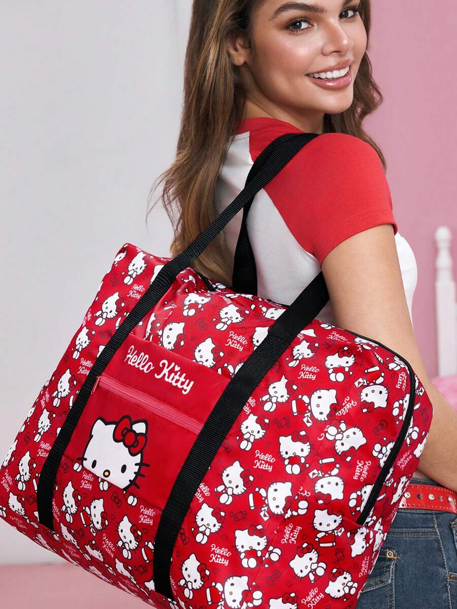 HELLO KITTY AND FRIENDS | SHEIN 可愛貓咪印花可折疊旅行托特包,大容量,行李套筒,輕量化,適合旅行/上學,附前口袋 - 黑紅白 - 查看 1