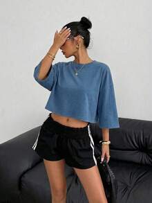 SHEIN EZwear 女士纯色简约圆领长袖T恤，日常穿着 - 藍色 - 查看 3