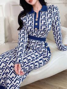 Feyla Women's Geometric Pattern Collar Button Design Sweater - Navy Blue - View 6