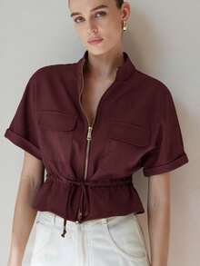Aveloria Modichic Fashion Short Utility Short Sleeve Top, Symmetrical Two-Pocket Design On Chest, Cinched Waist For Adjustable Fit, Clean And Sharp Look - Redwood - View 4