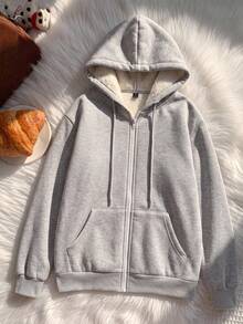 SHEIN EZwear 女款休閒抽繩寬鬆拉鍊連帽衛衣，適合日常穿著與返校季，秋季上衣，適用日常通勤、聚會、秋冬夏季、聖誕節、新年、感恩節、派對、婚禮、海灘、畢業典禮、優雅、外出、約會、通勤、情人節、度假、Y2K - 灰色 - 查看 7