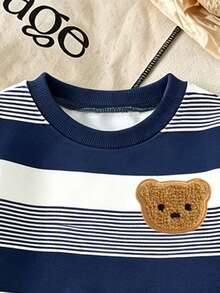 SHEIN Playful Pals Baby Boy Comfortable Crew Neck Long Sleeve Sweatshirt & Sweatpants 2-Piece Set, Collegiate Style Striped Bear Pattern - Multicolor - View 7