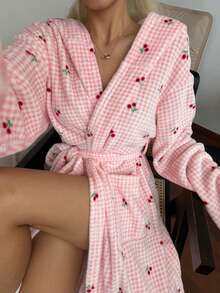 SHEIN Women's Winter Plush Pink Plaid Cherry Print Hooded Robe - Pink - View 7