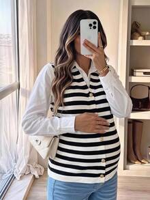 SHEIN Maternity Colorblock Striped Sleeveless Button Knit Vest,Autumn Outfit For Women - Black and White - View 1