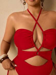 Travachic Plus Size Women's Solid Color Ruched Halter One-Piece Swimsuit, Suitable For Beach Vacation, Pool Party, Beach Party Swimsuits Bathing - Red - View 6
