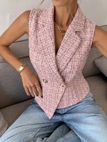 Serisse 女款優雅休閒通勤辦公商務格紋無袖西裝外套 灰粉色 夏季 - 粉色 - 查看 3