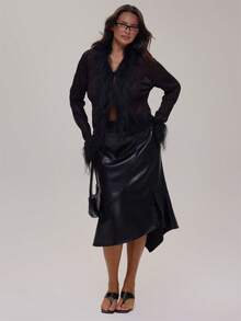 MUSERA Plus Size Black PU Low Waist Midi Skirt Winter Fall Going Out Womens Outfit - Black - View 1