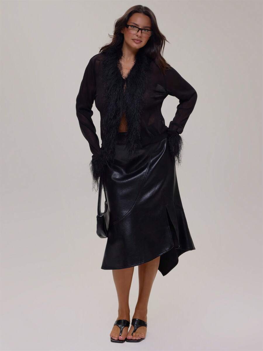 MUSERA Plus Size Black PU Low Waist Midi Skirt Winter Fall Going Out Womens Outfit - Black - View 1